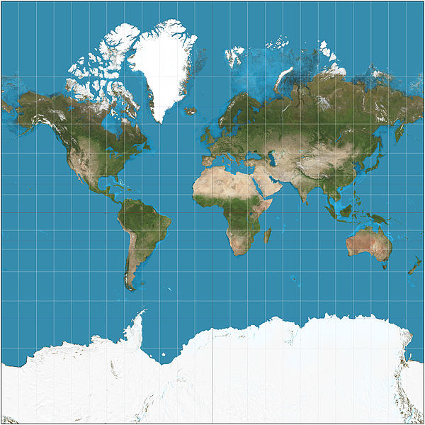 Map of the world projected with the Mercator projection
