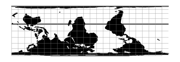 World with North Pole at the bottom edge, and South Pole at the top edge in Oblique Cylindrical Equal Area projection