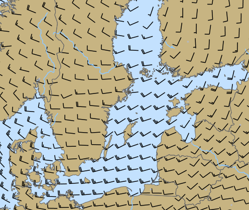 Baltic Sea and neighboring lands overlaid with wind barbs between 5 and 25 knots. Most of them point East, but on the Eastern shore they turn North