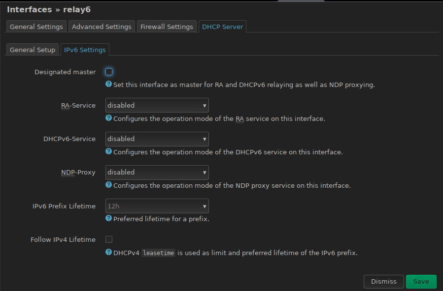 Interfaces » relay6 → DHCP Server → IPv6 Settings → unchecked "Designated master" checkbox and 3 drop-downs, each on "disabled"