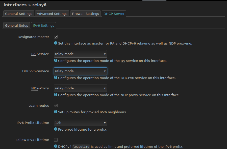 Interfaces » relay6 → DHCP Server → IPv6 Settings → checked "Designated master" checkbox and 3 drop-downs set to "relay mode"