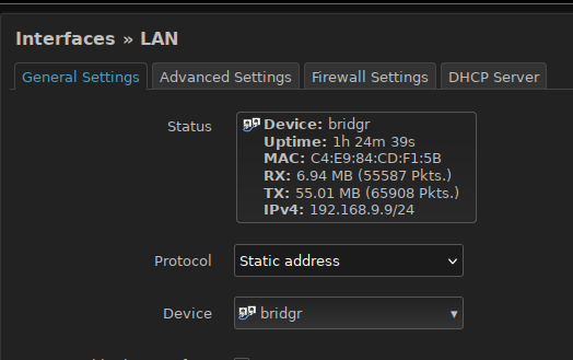 Interfaces » LAN → General Settings → Protocol: Static address