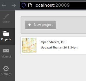 A Web browser showing localhost:20009. on the left a list with "Projects" selected, central a "New project" button above a project tile "Open Streets, DC"